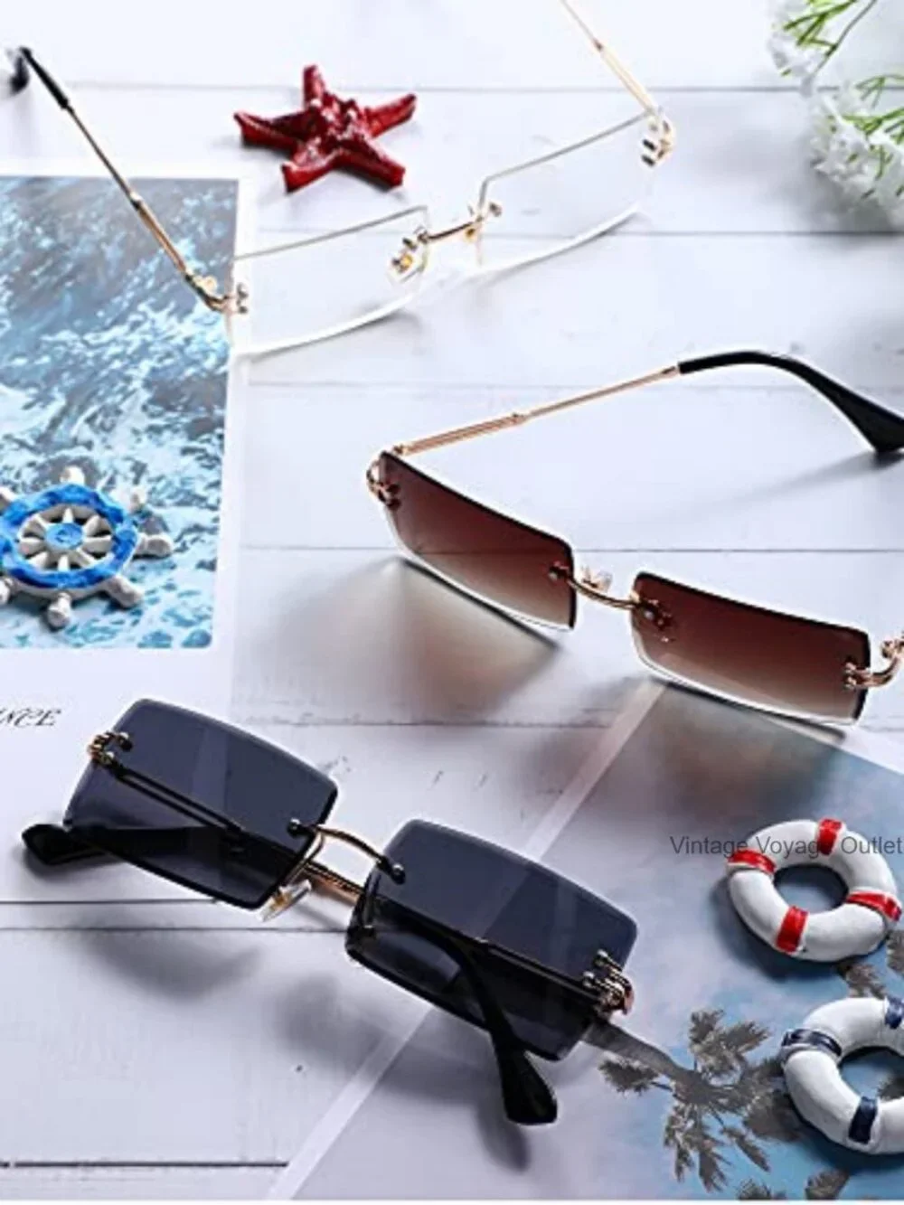 4 Pairs Rimless Rectangle Sunglasses Metal Frame UV Protection